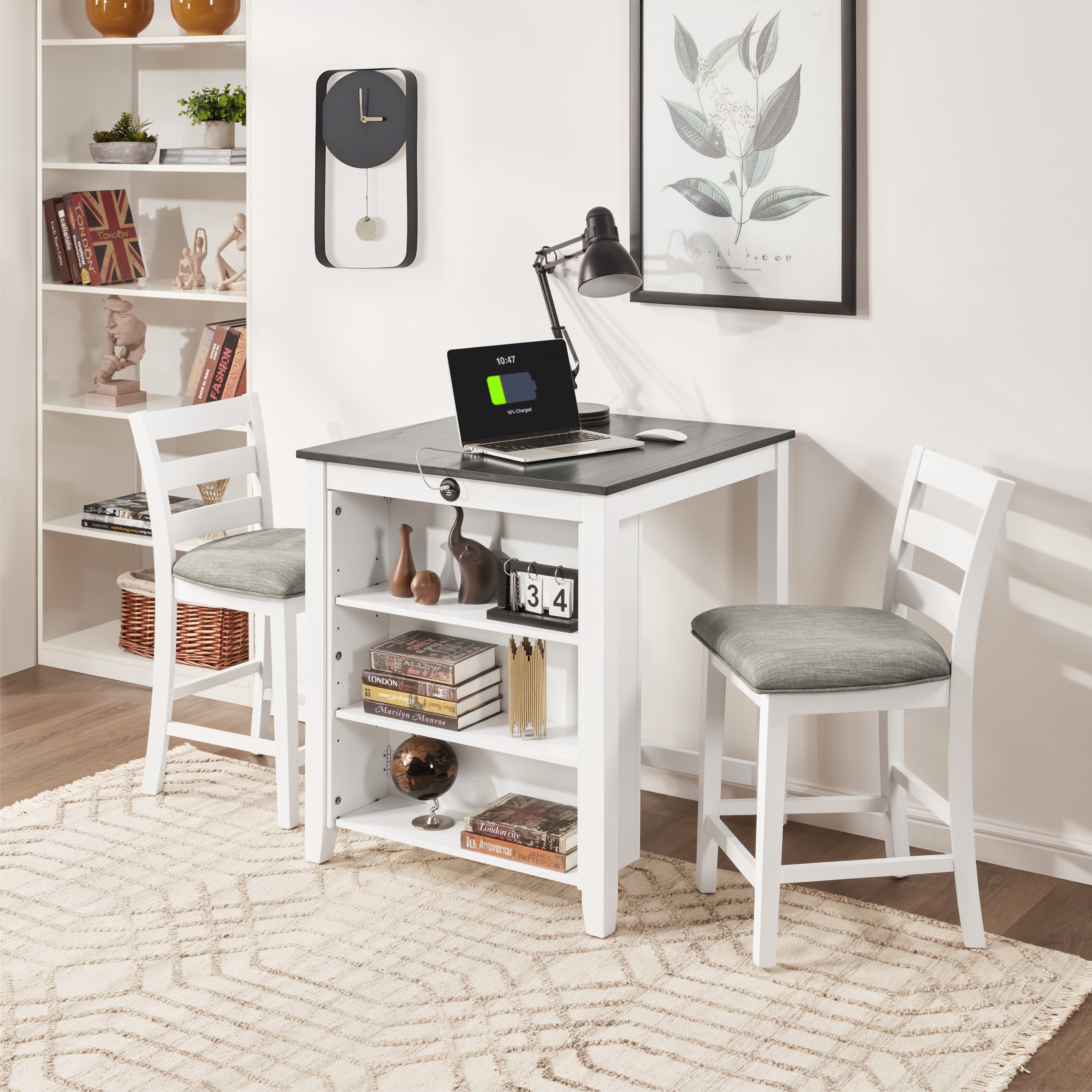 30" Modern Dining Table Set for 2 with Charging Station & 3-Tier Adjustable Storage | Space-Saving Kitchen Set with Upholstered Chairs for Small Spaces, Apartment,Off White 30" Modern Dining Table Set for 2 with Charging Station & 3-Tier Adjustable Storage | Space-Saving Kitchen Set with Upholstered Chairs for Small Spaces, Apartment,Off White
